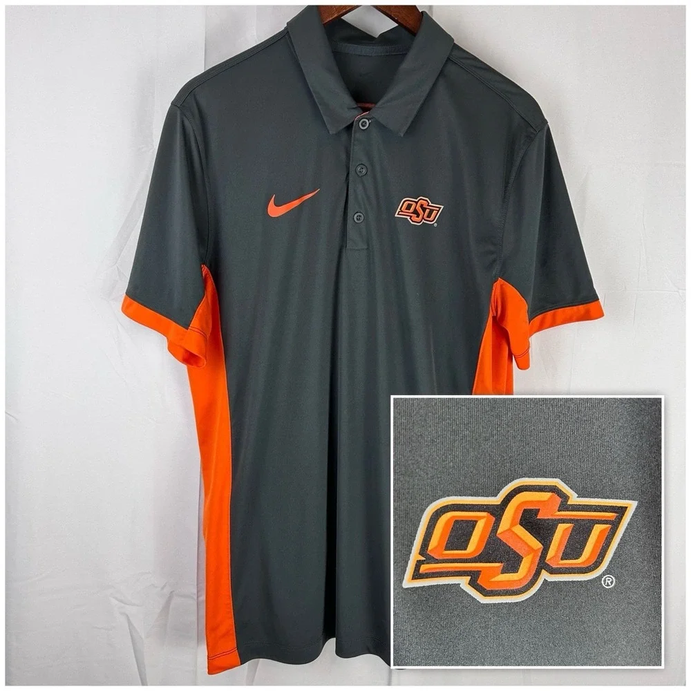 Oklahoma State Cowboys Nike Dri-Fit Polo Gray Orange Mens Large Logo OSU